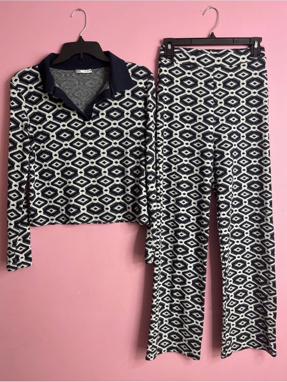 Zara Women's Navy Blue & White Geometric 2pcs Polo Top (L) & Pants (M) Set